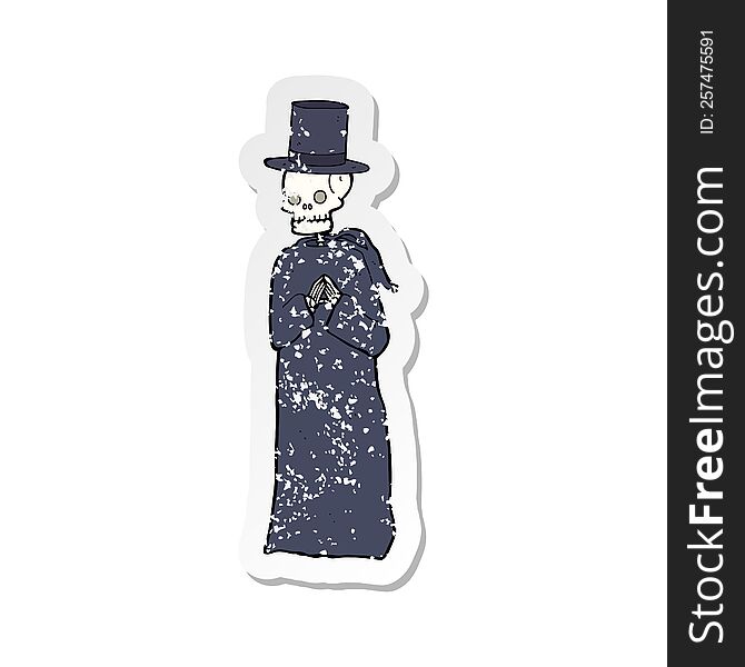 Retro Distressed Sticker Of A Spooky Skeleton Man In Top Hat