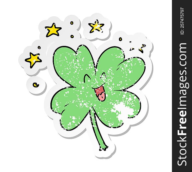 Distressed Sticker Of A Happy Cartoon Four Leaf Clover