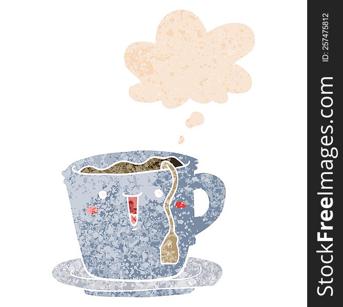 Cute Cartoon Cup And Saucer And Thought Bubble In Retro Textured Style