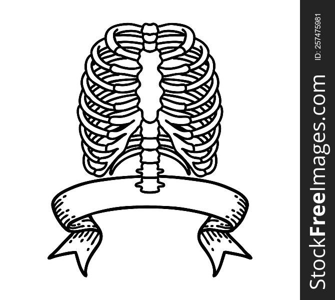 black linework tattoo with banner of a rib cage