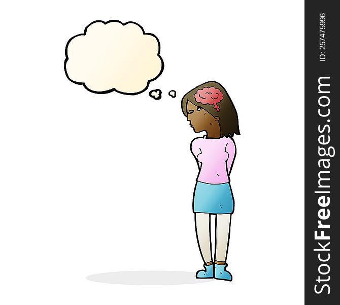 cartoon brainy woman with thought bubble