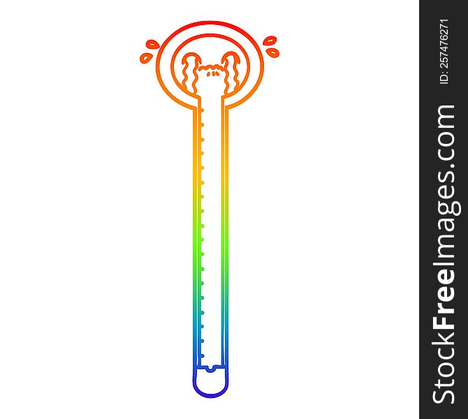 rainbow gradient line drawing of a cartoon thermometer crying