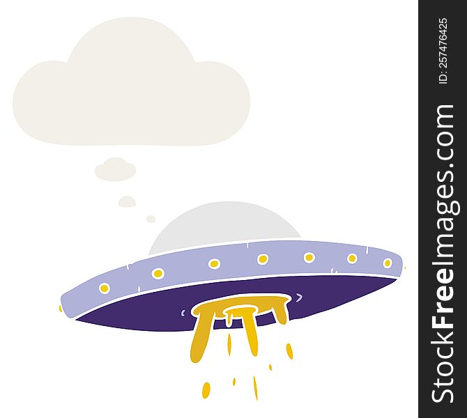 cartoon flying UFO with thought bubble in retro style