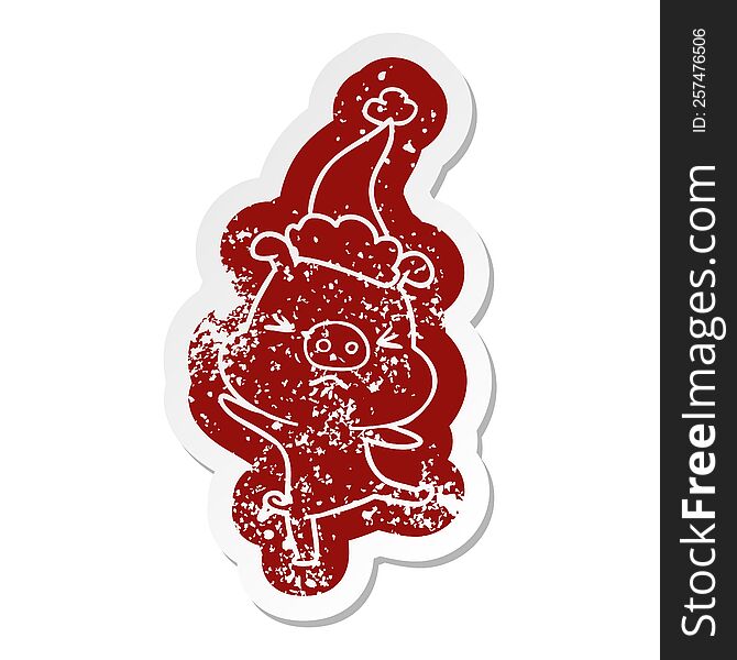 Cartoon Distressed Sticker Of A Furious Pig Wearing Santa Hat
