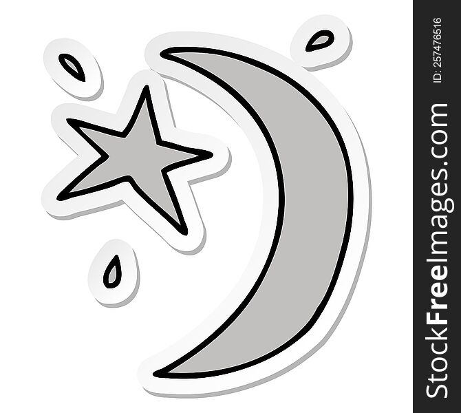 hand drawn sticker cartoon doodle of the moon and a star