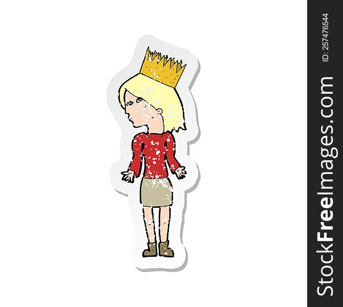 retro distressed sticker of a cartoon woman wearing crown