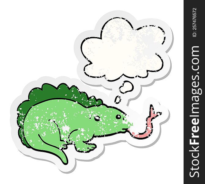 Cartoon Lizard And Thought Bubble As A Distressed Worn Sticker