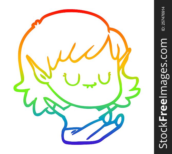 rainbow gradient line drawing of a happy cartoon elf girl sitting