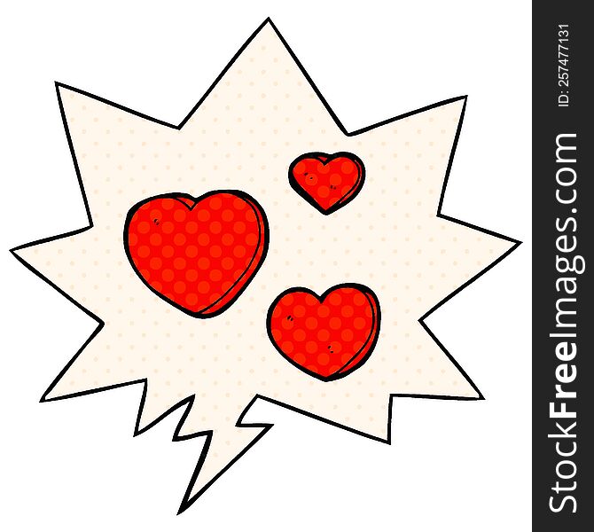 cartoon love hearts with speech bubble in comic book style