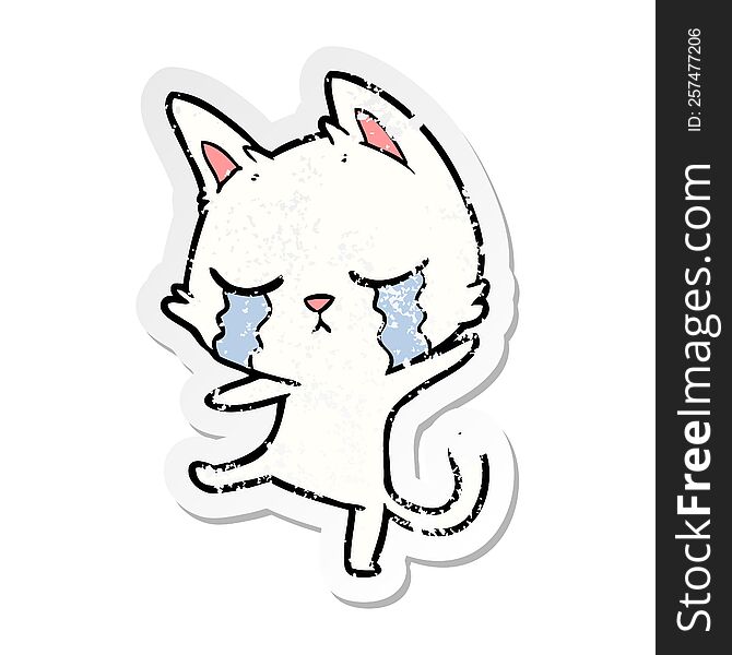 distressed sticker of a crying cartoon cat performing a dance