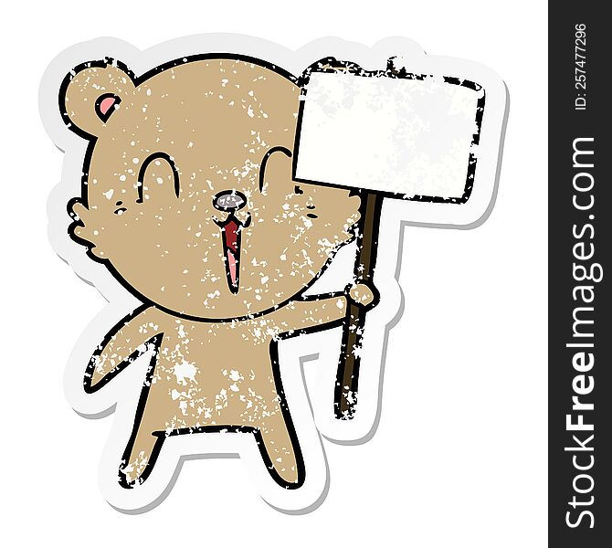 Distressed Sticker Of A Happy Cartoon Bear With Placard