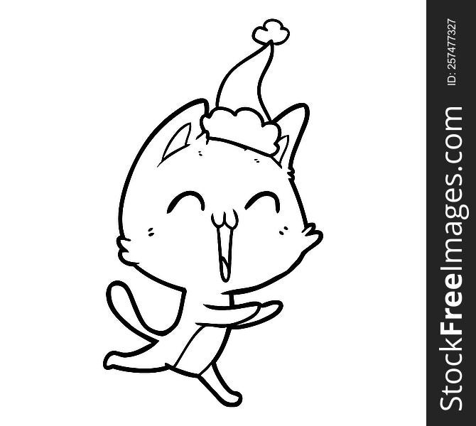 happy hand drawn line drawing of a cat meowing wearing santa hat. happy hand drawn line drawing of a cat meowing wearing santa hat