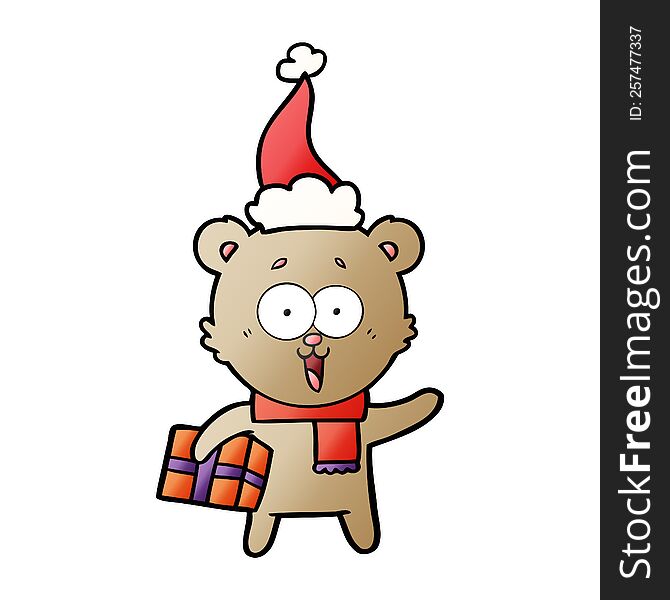 Laughing Teddy  Bear With Christmas Present Wearing Santa Hat