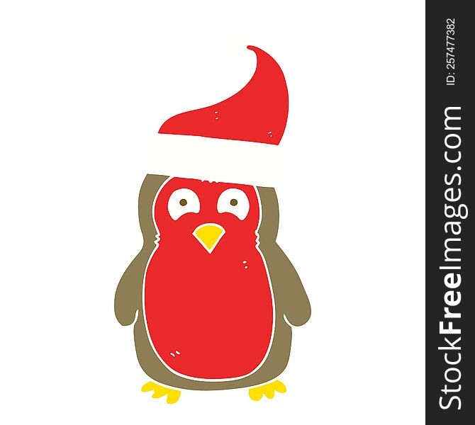 flat color illustration of a cartoon christmas robin wearing christmas hat