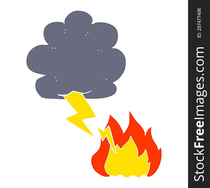 Flat Color Illustration Of A Cartoon Thundercloud Lightning Strike