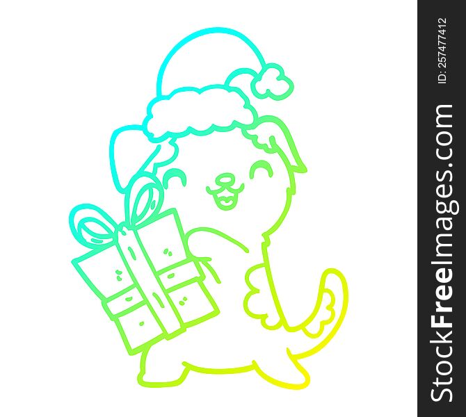 cold gradient line drawing of a cute cartoon puppy with christmas present and hat