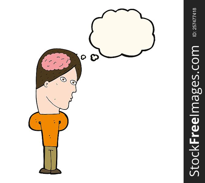 cartoon man with big brain with thought bubble