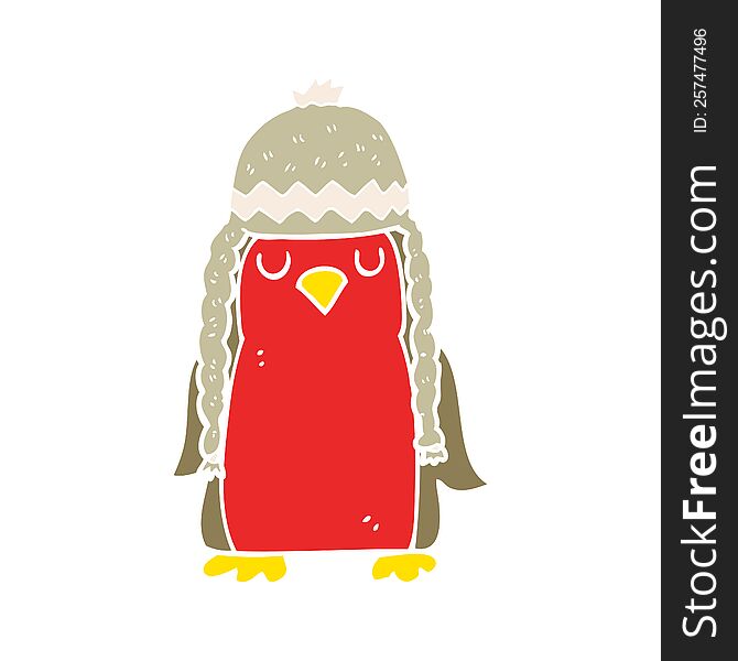 flat color illustration of robin wearing winter hat. flat color illustration of robin wearing winter hat