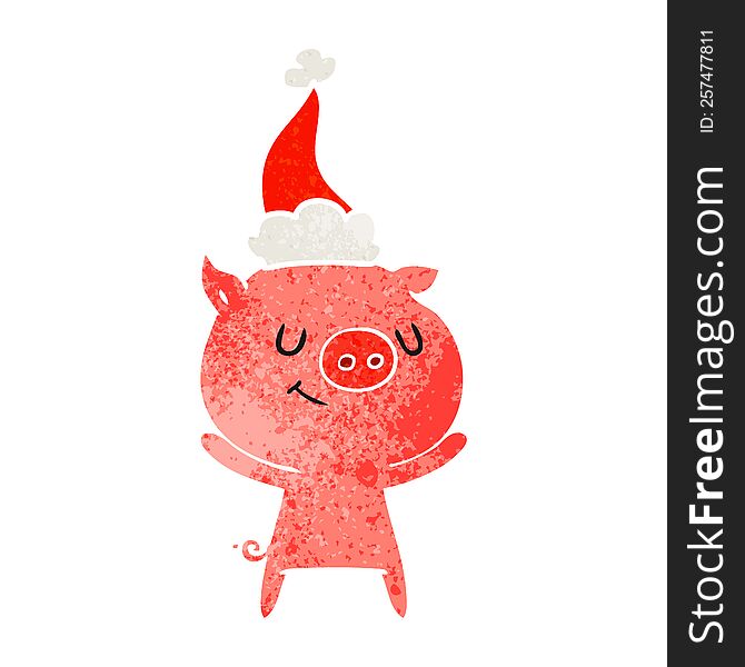 happy hand drawn retro cartoon of a pig wearing santa hat. happy hand drawn retro cartoon of a pig wearing santa hat