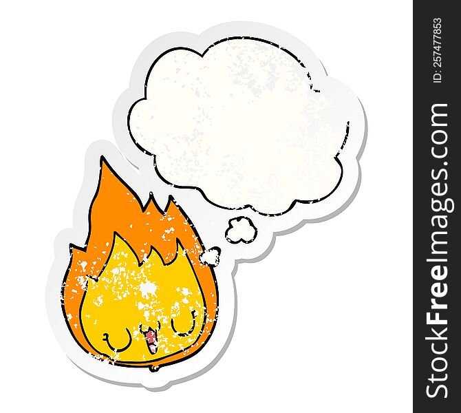 cartoon flame with face with thought bubble as a distressed worn sticker