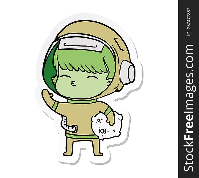 sticker of a cartoon curious astronaut carrying space rock