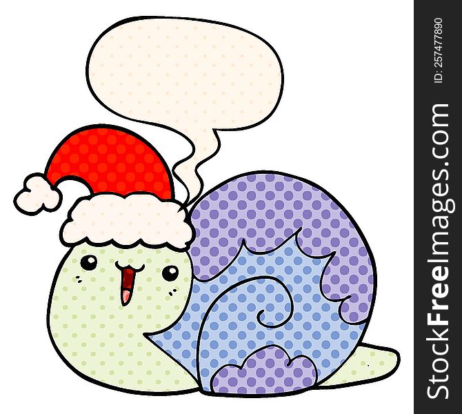 cute cartoon christmas snail with speech bubble in comic book style