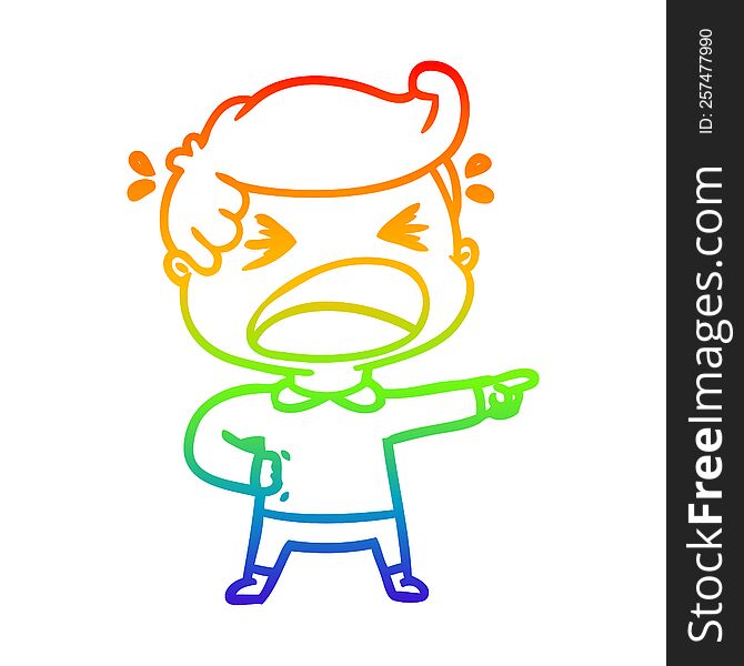rainbow gradient line drawing of a cartoon shouting man pointing finger