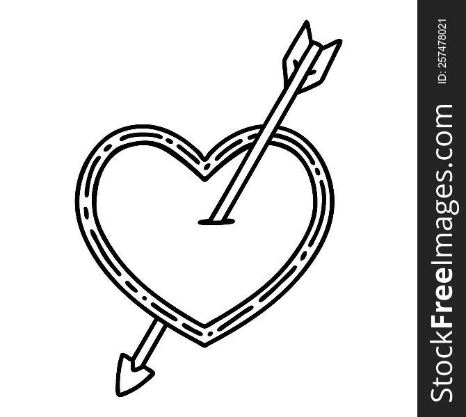 tattoo in black line style of an arrow and heart. tattoo in black line style of an arrow and heart