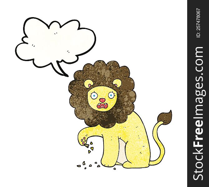 freehand speech bubble textured cartoon lion with thorn in foot