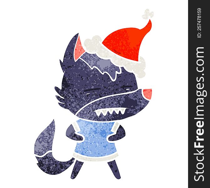 Retro Cartoon Of A Wolf Showing Teeth Wearing Santa Hat