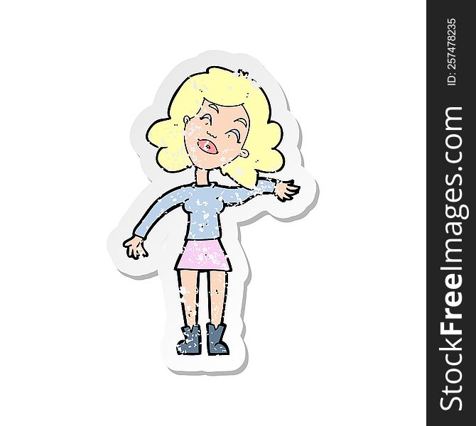 retro distressed sticker of a cartoon woman only joking