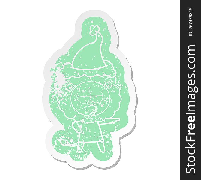 quirky cartoon distressed sticker of a bored lion wearing santa hat