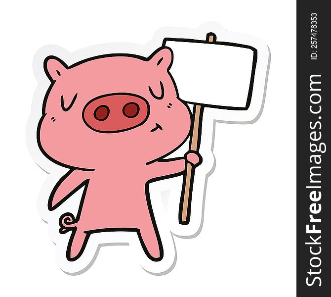 sticker of a cartoon content pig signpost;sign