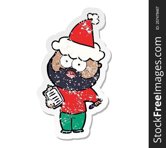 Distressed Sticker Cartoon Of A Bearded Man With Clipboard And Pen Wearing Santa Hat