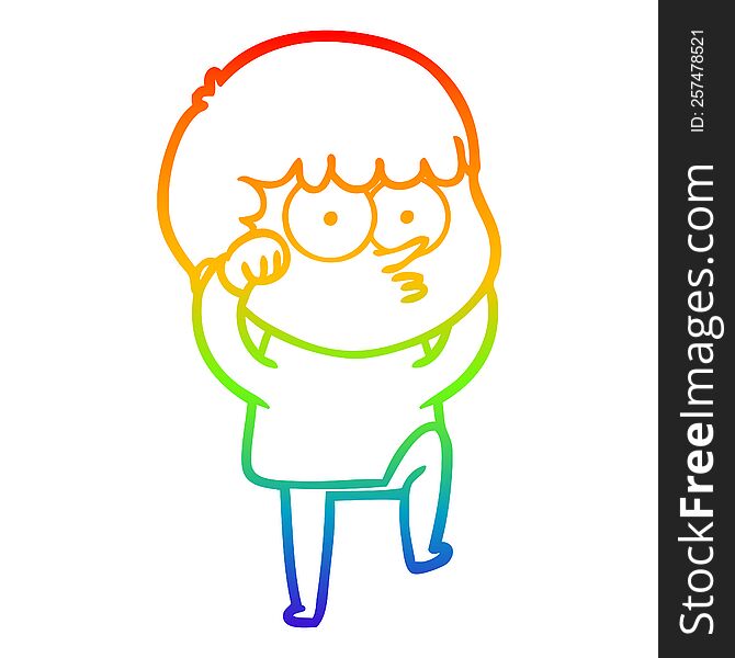 rainbow gradient line drawing of a cartoon curious boy rubbing eyes in disbelief