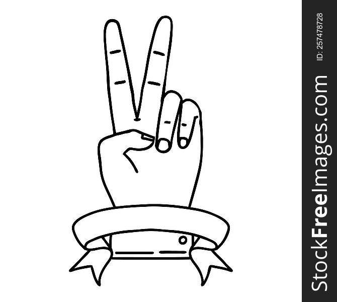 Black and White Tattoo linework Style peace two finger hand gesture with banner. Black and White Tattoo linework Style peace two finger hand gesture with banner