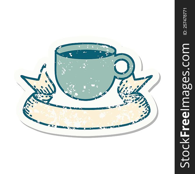 Grunge Sticker With Banner Of Cup Of Coffee