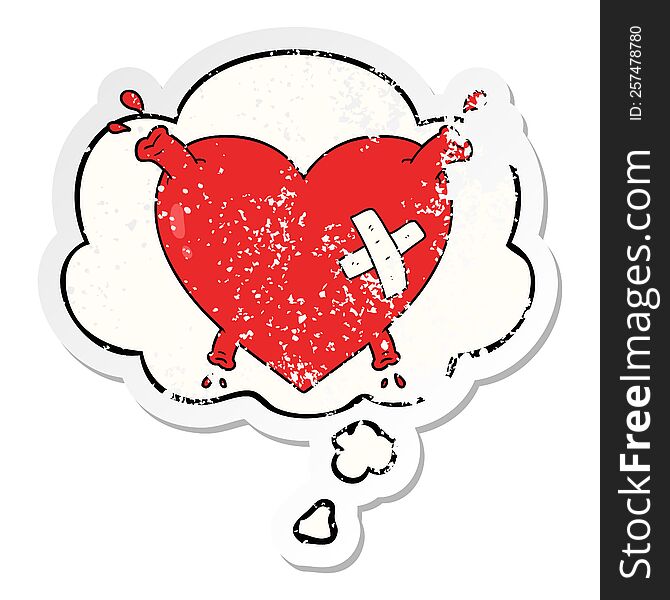 cartoon heart squirting blood with thought bubble as a distressed worn sticker