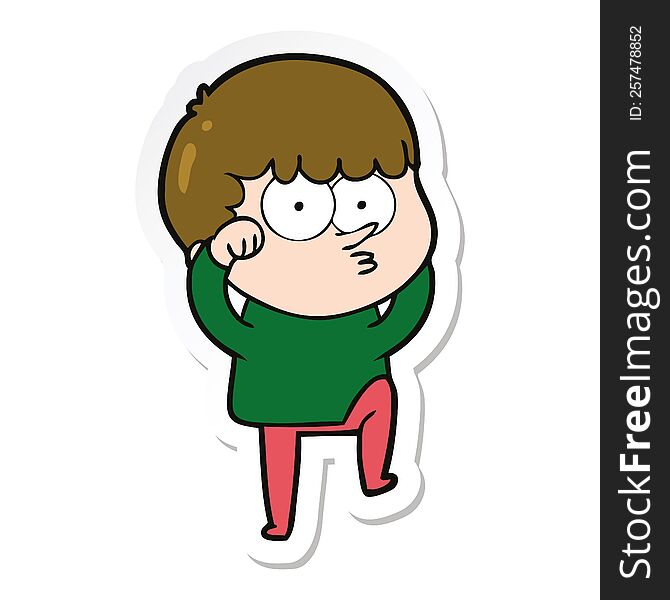 sticker of a cartoon curious boy rubbing eyes in disbelief