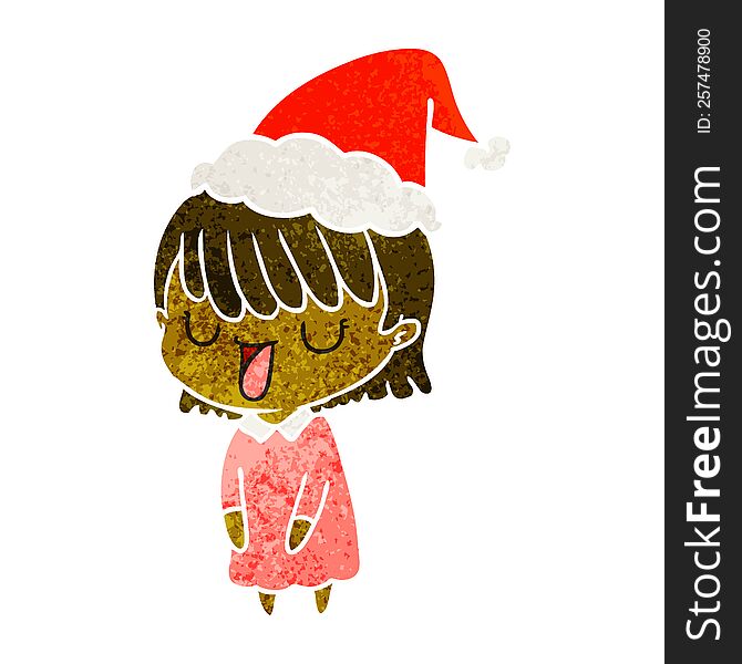 hand drawn retro cartoon of a woman wearing santa hat