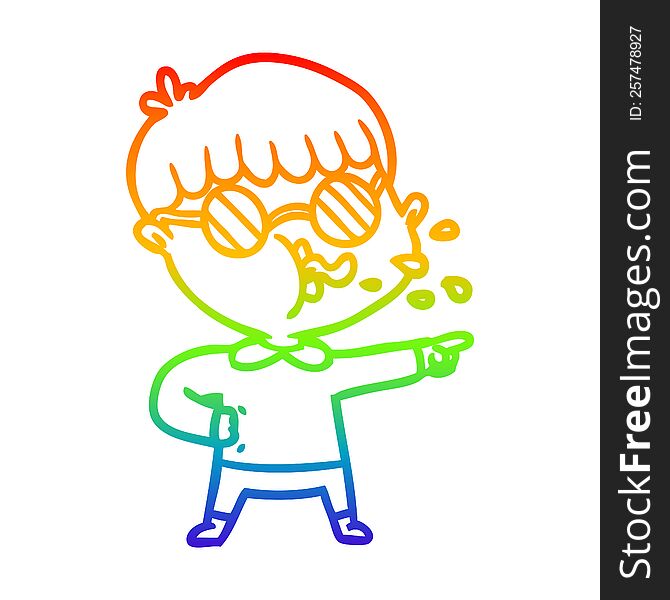 Rainbow Gradient Line Drawing Cartoon Boy Wearing Spectacles And Pointing