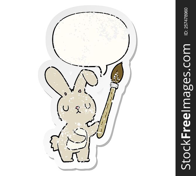 cartoon rabbit with paint brush with speech bubble distressed distressed old sticker. cartoon rabbit with paint brush with speech bubble distressed distressed old sticker