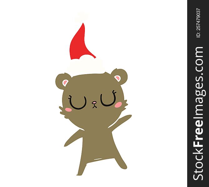 peaceful hand drawn flat color illustration of a bear wearing santa hat. peaceful hand drawn flat color illustration of a bear wearing santa hat