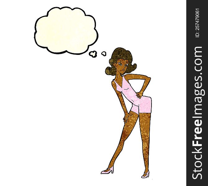cartoon model woman posing with thought bubble