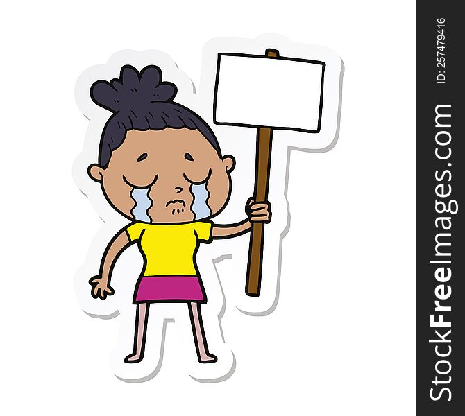 Sticker Of A Cartoon Crying Woman With Protest Sign