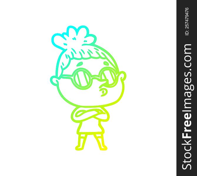 cold gradient line drawing cartoon woman wearing glasses