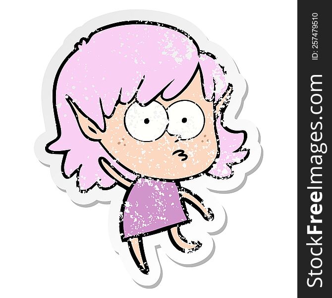 distressed sticker of a cartoon elf girl staring