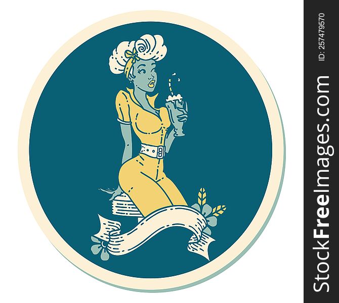 sticker of tattoo in traditional style of a pinup girl drinking a milkshake with banner. sticker of tattoo in traditional style of a pinup girl drinking a milkshake with banner