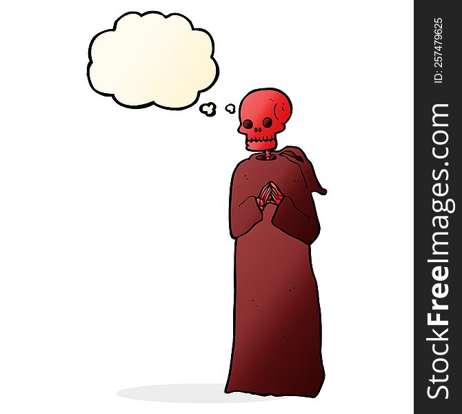 cartoon spooky skeleton in robe with thought bubble