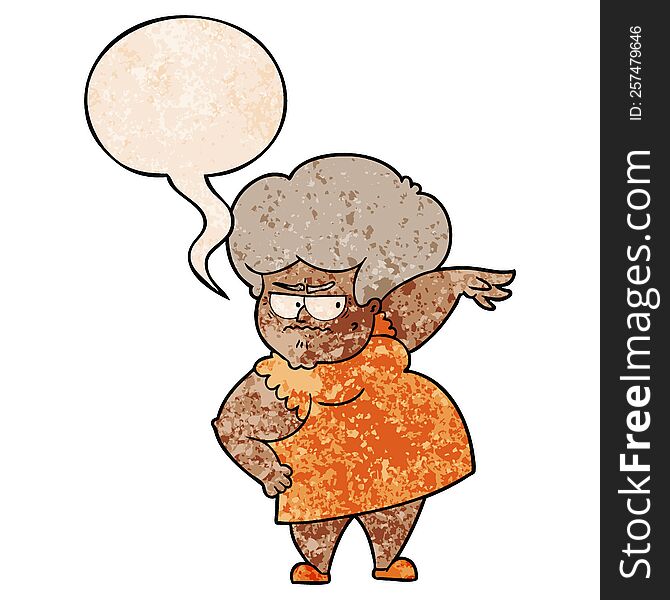 cartoon angry old woman with speech bubble in retro texture style
